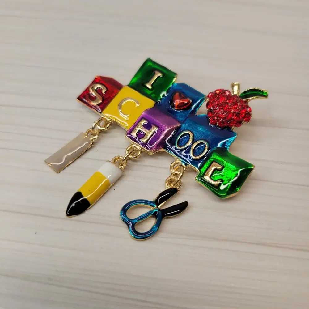 Teacher Gift!!  Colorful Block I Love School Pin with Dangle Figures